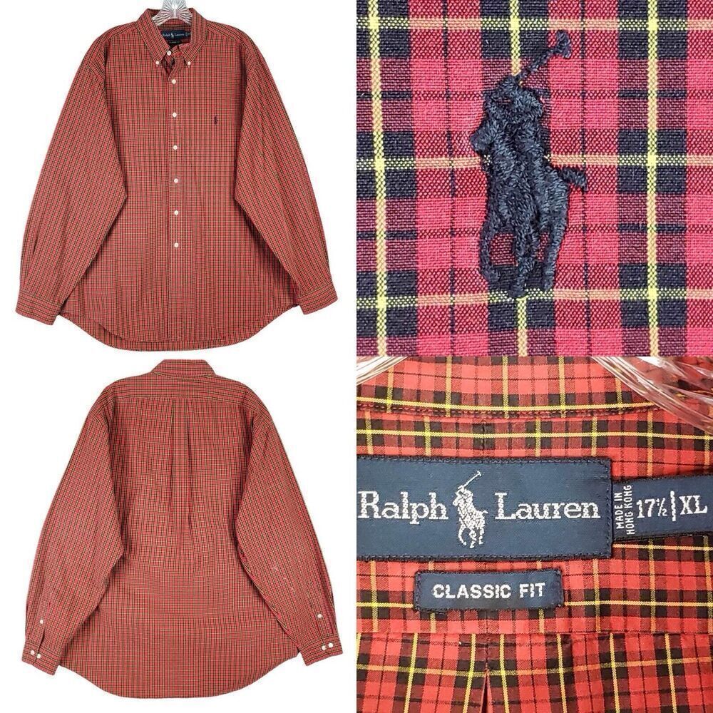 Polo Ralph Lauren Shirt Oxford Mens Size 17.5 XL Red Plaid Button Down Flaw
